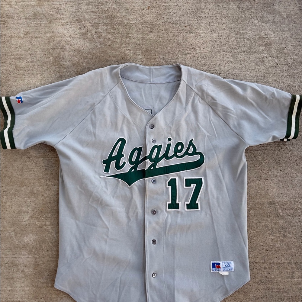 Russell Athletic Gray "Aggies" Baseball Jersey with Green Script and Number 17